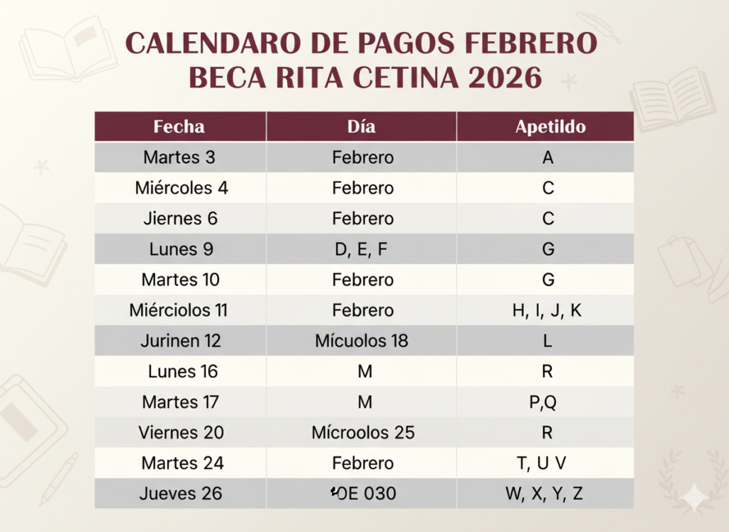 Calendario de Pagos Febrero Beca Rita Cetina 2026 27